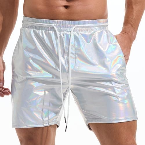 Image of Amy Coulee Mens Metallic Shorts 5 Inch Rave Hot Pants Shiny Sparkly Shorts with Pockets (Silver, L)