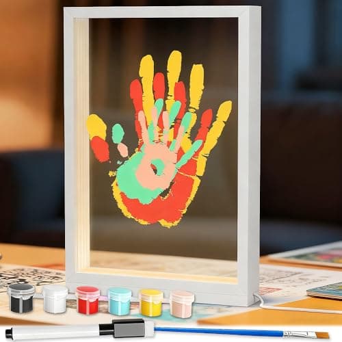 Image of Hojalis Family Handprint Kit with LED Light, Baby Hand and Footprint Kit with 4 PS Panels, 6 Paints, 1 Paintbrush, DIY Craft Keepsake Wooden Frame, Gift for Family, Grandparents, New Parents (White)