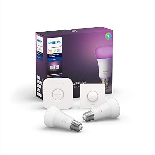 Image of Philips Hue Starter Kit White and Colour Ambiance: Smart Bulb 2 Pack LED [E27 Edison Screw] Including Hue Smart Button and Hue Bridge, Works with Alexa, Google Assistant and Apple HomeKit