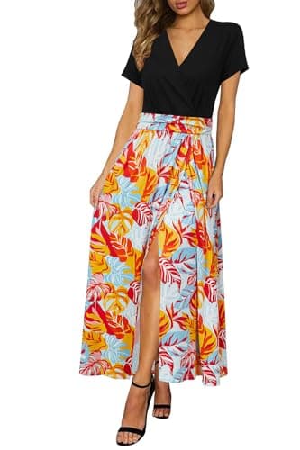 Image of Newshows Womens Summer Dress V Neck Short Sleeve Split Casual Beach Long Maxi Dresses Colorful Banana Leaf,XL