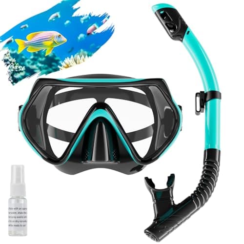 Image of Snorkel Set Adults, Scuba Snorkelling Packages with 180° Panoramic Anti-Fog Tempered Glass Snorkel Mask, Leak Proof Dry Top Snorkel for Snorkeling Diving Swimming with Anti Fog Spray (Green, 1 Pack)