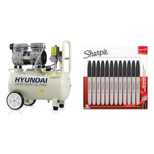 Image of Hyundai HY7524 24 Litre Air Compressor, 5.2cfm/100psi, Silenced, Oil Free, 750w / 230v Direct Drive & Sharpie Permanent Markers | Fine Point for Bold Details | Black Ink | 12 Marker Pens