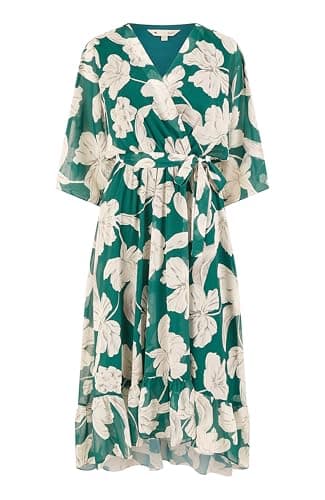 Image of Yumi Green Kimono Sleeves Midi Dip Hem Wrap Midi Dress (UK, Numeric, 16, Regular, Regular, Green)
