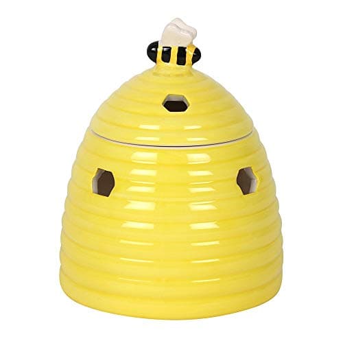 Image of Cheerful Yellow Beehive Oil Burner - 14cm x 11cm (1 Pc.) - Adorable Ceramic Design with Sweet Bee Lid, Honeycomb Cutouts - Compatible with Fragrance Oils and Wax Melts