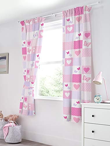 Image of Bloomsbury Mill - Kids Curtains for Girls Bedroom - Pink Hearts and Butterflies Patchwork - Lined Curtain Pair with Tiebacks - Nursery Curtains for Childrens Baby Room - 66X72 inch drop (168x183cm)
