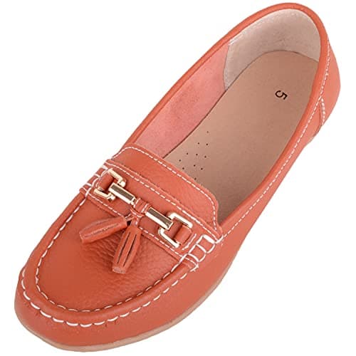 Image of ABSOLUTE FOOTWEAR Womens Slip On Leather Loafer/Deck/Boat Shoes, Orange, UK 6