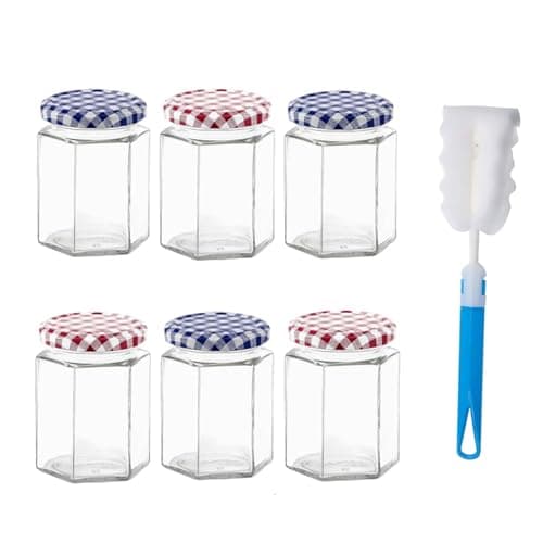 Image of Glass Jam Jars 6 Pack Hexagonal Storage Glass Jars with Screw Top Red and Blue Gingham Lids 280ml / 9oz Clear Airtight Preserving Glass Jars with Brush, for Marmalade Honey Spices Pickle Chutney