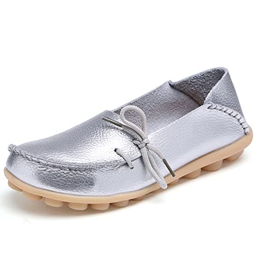 Image of MACHSWON Womens Leather Moccasins Casual Soft Loafer Flat Boat Shoes Slip On Driving Shoes(Silver, Size 8)