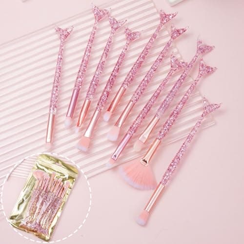 Image of 10 PCS Makeup Brushes, Pink Crystal Glitter Blush Highlight Eye Shadow Eyebrow Concealers Brush Set with Sequins, Handle Professional Synthetic Fiber Make up Brush, Gift for Girls & Women