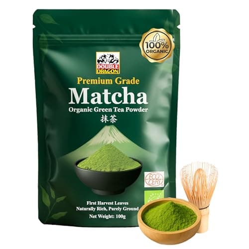 Image of Double Dragon Organic Matcha Green Tea Powder 100g - Premium Ceremonial Grade Japanese Stone-Ground Matcha Powder | Antioxidant Rich Matcha Tea for Lattes, Smoothies & Baking | Vegan and Gluten-Free