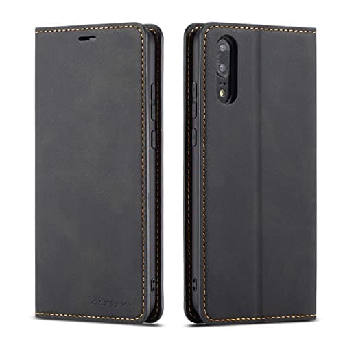 Image of QLTYPRI Case for Huawei P20 Pro, Premium PU Leather Cover TPU Bumper with Card Holder Kickstand Hidden Magnetic Adsorption Shockproof Flip Wallet Case Compatible with Huawei P20 Pro - Black