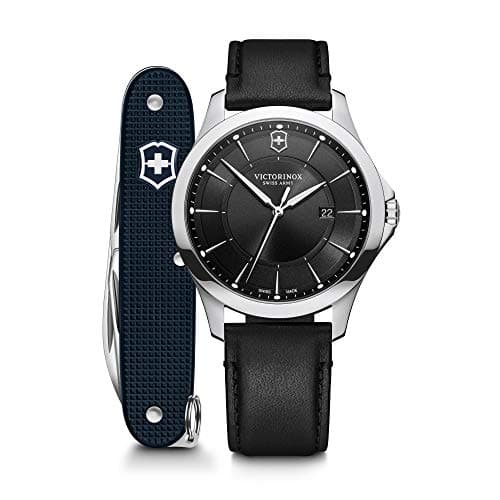 Image of Victorinox Set Men’s Watch Alliance Ø 40 mm and Swiss Pocket Knife, Swiss Made, Analogue Quartz, Water-Resistant up to 100 m, Leather Strap, Black