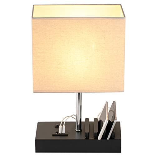 Image of Briever USB Bedside Table Lamp, Desk Lamp with 3 USB Charging Ports and Phone Charge Dock, Black Wood Charging Station and Organizer, Perfect Light for Bedroom, Guest Room, Living Room, Office