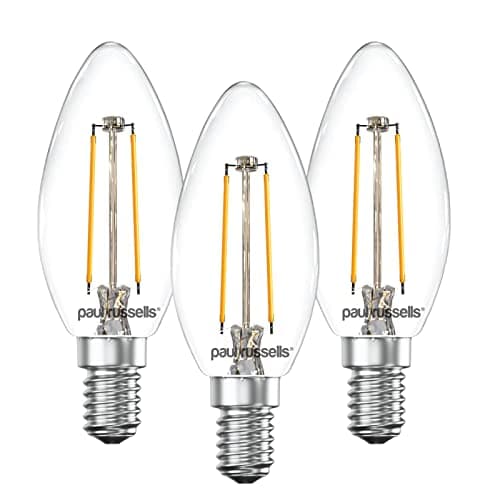 Image of paul russells LED Candle Filament Light – 2.5W 25W Equivalent Replacement, 250LM Lumens, 2700K Warm White, SES E14 Small Edison Screw C35 Bulbs – Bright Energy Saving Non-Dimmable Lamps - 3 Pack