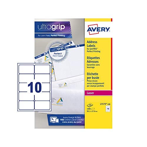 Image of Avery JamFREE, Printable, Address Labels, Customisable, 99.1 x 57 mm, White, 10 Labels per Sheet, 1000 Blank Labels per Pack (L7173-100)