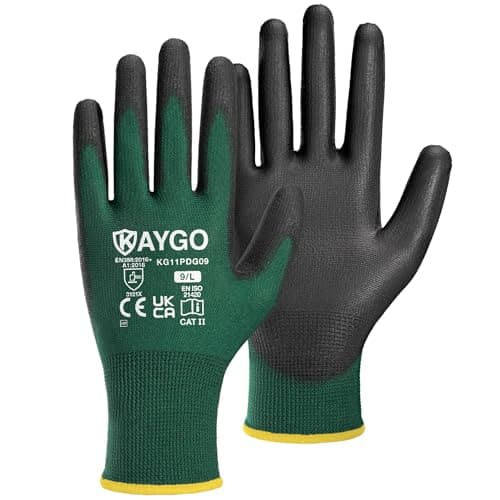 Image of KAYGO Work Gloves PU Coated, Seamless Knitted Gloves with Polyurethane Coated Good Grip, KG11P, Safety Work Gloves for Men and Women, for General Purpose Light Duty Work, DIY (Large, Dark Green)