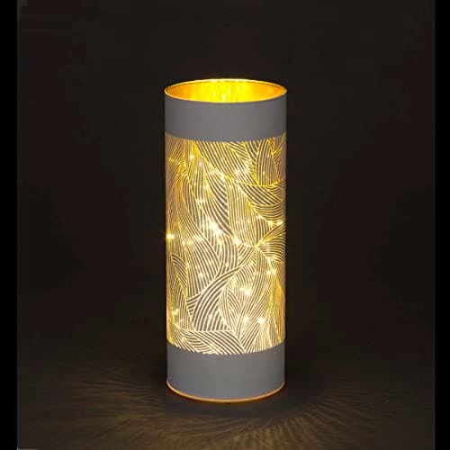 Image of SHATCHI 20cm Christmas Decorated Vase Table Lamp Etched Glass Tube Feather Design Silver Cylinder LED Fairy Lights Battery Operated