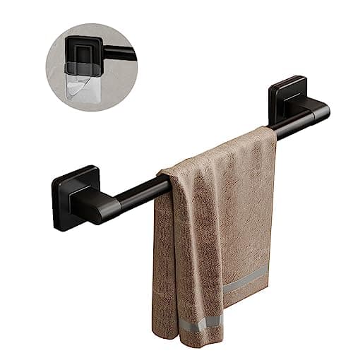 Image of ANMEISH Self Adhesive Towel Rail, 40CM Sticky Holder, Anti Rust Stick-on Rack, Single Wall Mounted Bar for Bathroom Kitchen Toilet, Black, Easy to Install Without Drilling