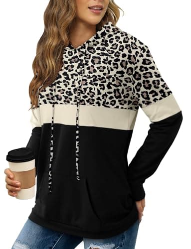 Image of KISSMODA Womens Leopard Print Hoodie Long Sleeve Drawstring Pullover Tops Loose Casual Sweatshirt For Women Leopard Black Small