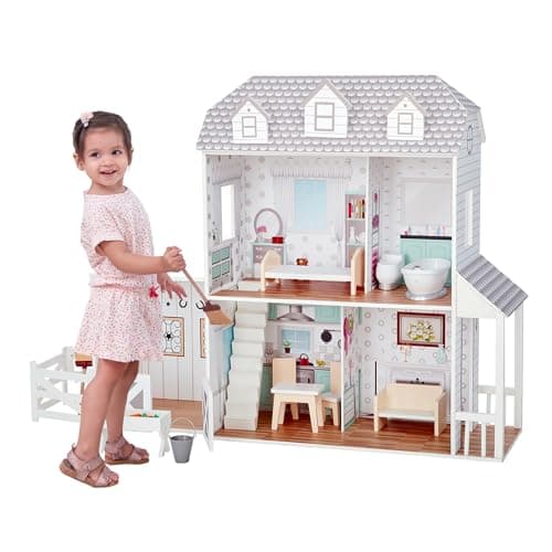 Image of Olivia's Little World Dreamland Farmhouse Wooden Doll House with Horse Stable, Porch, and 14-pc. Accessory Set for 12" Dolls, White/Grey