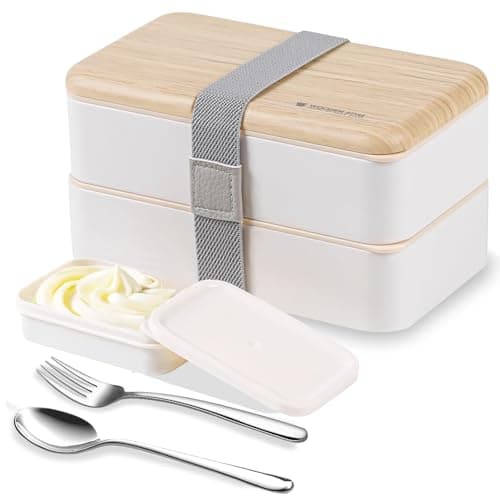 Image of Original Bento Box Lunch Boxes Container Bundle Divider Japanese style with stainless steel Utensils spoon and fork (White)
