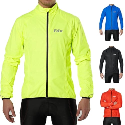 Image of Fdx Men’s Cycling Jacket - Waterproof Lightweight Breathable MTB Cycle Rain Tops - High Visibility Full Sleeves Taped Seams Reflective Jersey - Windproof Coat for Running, Bike Racing(Yellow, X-Large)