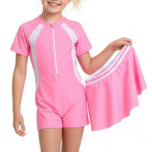 Image of MKEOIEAU Girls One Piece Swimsuit with Skirt, Short Sleeve Modest Swimming Costume Swimwear for Age 4-13 Years, Pink Bathing Suit with White Side Stripes