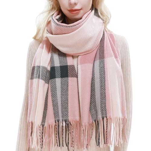 Image of RIIQIICHY Women Winter Tartan Pink Scarf Ladies Warm Blanket Pashmina Shawl Wraps Christmas Gifts