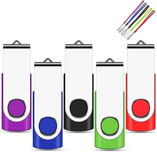 Image of 2GB USB Stick 5 Pack, EASTBULL Memory Sticks USB 2.0 Metal Flash Drive Swivel Design Fold Storage with 5 Color Lanyards
