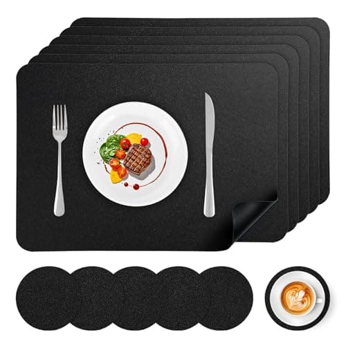 Image of APLKER Faux Leather Placemats and Coasters Set of 6, Wipeable Waterproof Oil-Proof Heat Resistant Table Mats for Dining, Kitchen, Hotel, 16.9 x11.8 inches(Large Place Mats) - Black