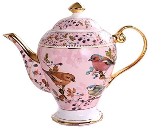 Image of YBK Tech Bone China Teapot, 34oz Ceramic Coffee Pot, Birds and Trees Patterns (Light Pink)
