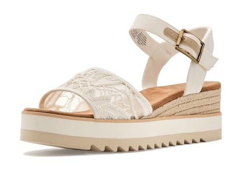Image of TOMS Women's Diana Wedge Heel Sandal, Leather Upper, Rope-Wrapped Midsole, Adjustable Strap, Buckle, OrthoLite Insole, Egret Floral Crochet, 6.5