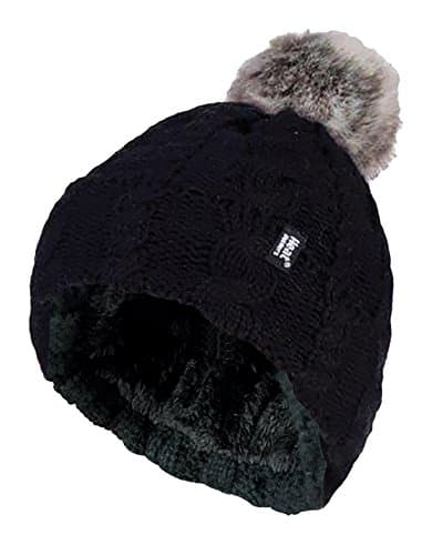 Image of HEAT HOLDERS - Ladies Warm Knit Fleece Lined Cuffed Thermal Winter Bobble Hat with Pom Pom (One Size, Black)