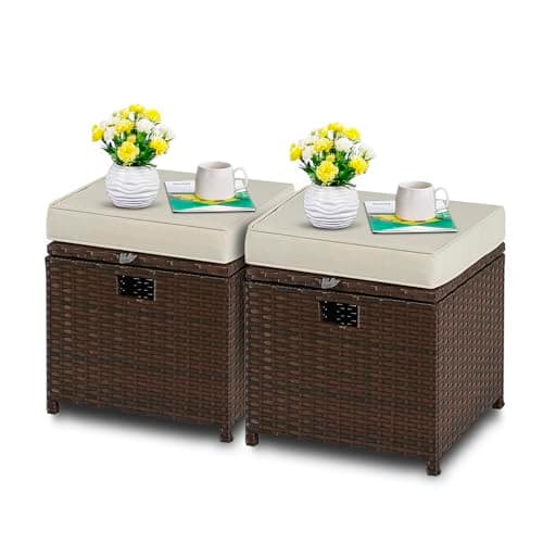 Image of YIYAN 2 Pieces Outdoor Patio Ottomans, PE Rattan Foot Stool with Storage All Weather Outdoor Ottomans Footrest Seat with Removable Cushion(White)
