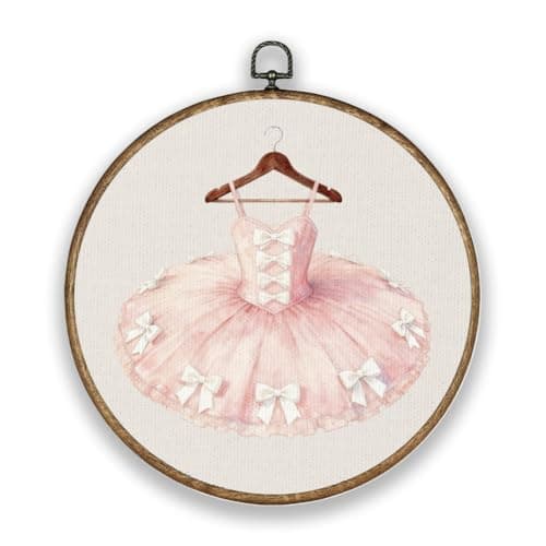 Image of Hobbspring Ballerina Dress Pink Round Wall Art Decor Vintage Wooden Framed Canvas Prints Wall Artwork Bowknots Dress for Princess Room Cloakroom Washhouse Wall Art Prints Artwork Diameter 10.2in