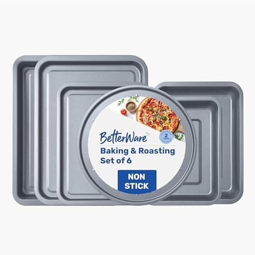 Image of BetterWare Essentials Non-Stick 6 Piece Baking & Roasting Set | Inc. 3 x Oven Trays, 2 x Roasting Tins & 1 x Pizza Tray | Dishwasher & Freezer Safe | Stackable Design | Made in Britain
