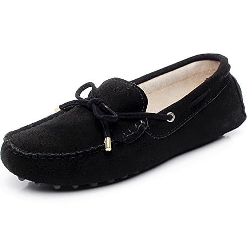 Image of Jamron Women's Classic Suede Bow Tie Loafers Comfort Handmade Slipper Moccasins Black 24208-2 UK9.5