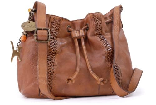 Image of Catwalk Collection Handbags - Women's Crossbody Bag - Medium Drawstring Bucket Bag - Washed Vintage Leather - Francesca - Tan