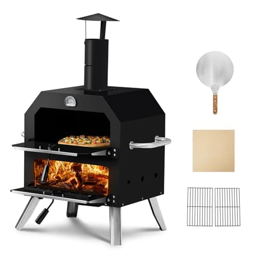 Image of Outopee Outdoor Pizza Oven, 2 Layer Wood Fired Pizza Maker with Pizza Stone, Peel, Chimney, Removable Cooking Rack, Outside Garden Cooker Heating Oven for Camping Backyard Picnic Party BBQ