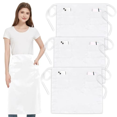 Image of 3 Pack Waist Apron with 3 Pockets, White Waitress Waiter Aprons for Women Man, Water Resistant Server Aprons Long Straps Bistro Apron for Chef Restaurant Work Bar (3, White - 27.95''X 31.5'')