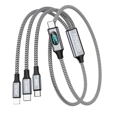 Image of RAVIAD 100W USB C Multi Charger Cable Short [50CM] 3 in 1 Fast Charging Cable with LED Display, USB C PD [100W]+Lightning[27W]+Micro[10W] for Galaxy S24/S23, iPhone 15/14/13, MacBook Pro/Air, Pad Pro