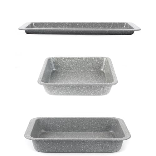 Image of Salter Marblestone 3-Piece Baking Set - Non-Stick Oven Trays, Lightweight Carbon Steel, Easy Wipe Clean, Includes a 36cm Roaster, 37cm Baking Tray, 23cm Square Tray, Oven Safe to 220°C, PFOA Free