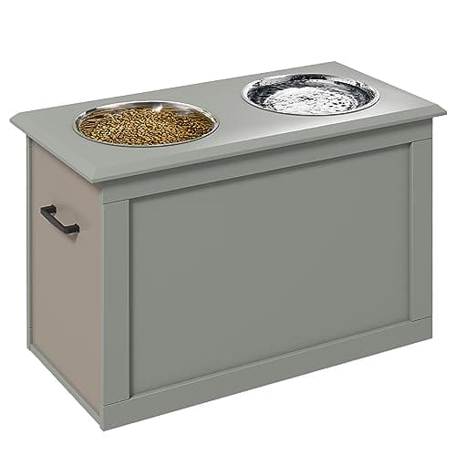 Image of PawHut Raised Dog Bowls, Pet Feeding Storage Station with Two Stainless Steel Bowls, Base, for Large Dogs, Grey