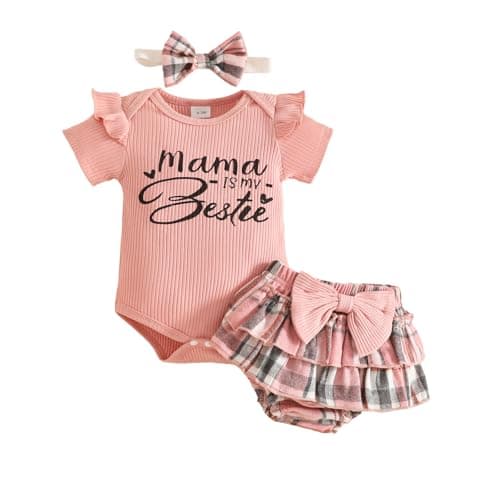 Image of Eqenkely Toddler Baby Girl Clothes Outfits Cute Color Block Short Sleeve Romper Tops + Dress + Headband Sets 3Pcs for 0-18 Months Pink 3-6 Months