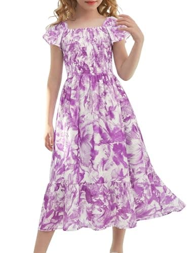Image of GRACE KARIN Girls Summer Floral Dresses, A-Line Flutter Sleeves Smocked Party Dress, Birthday Wedding Flower Dresses for Kids Purple Foliage 10-11 Years