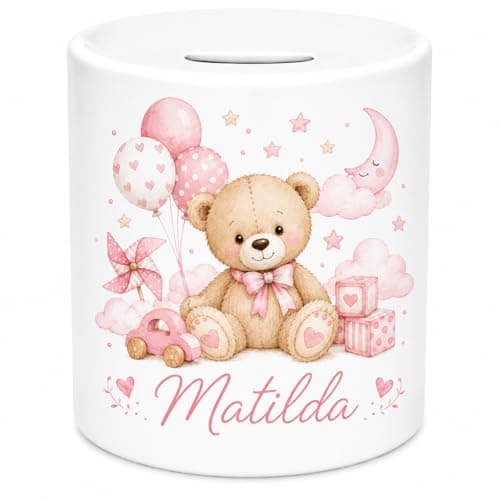 Image of Personalised Teddy Bear Ceramic Money Box – Custom Baby Girl Coin Bank with Any Name – Cute Pink Nursery Piggy Bank for Girls, Babies & Toddlers – Keepsake Savings Pot Gift