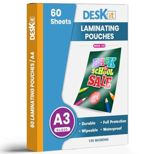 Image of Deskit A3 Laminating Pouches, Glossy, 60 Sheets, 150 Microns - Clear and Durable Presentations - Ideal Rigidity for Everyday Use