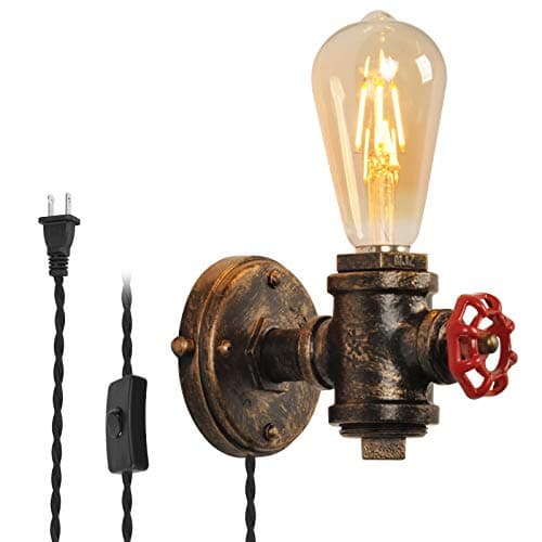 Image of LUSTORM 1 Industrial Wall Lamp Sconce with Plug-in Cord, Gold Rustic Wall Mounted Fixture Steampunk Light Vintage E27 Retro Lighting Farmhouse for Bedrooms Living Room