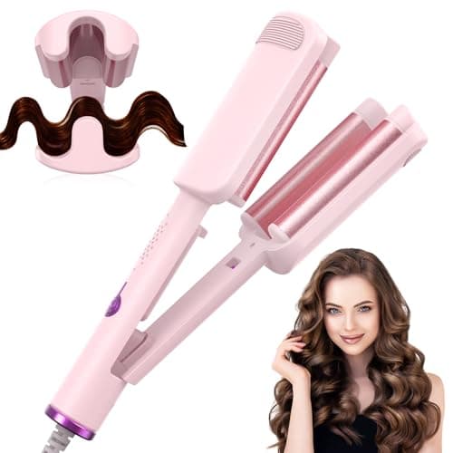 Image of AISEELY 32MM Ceramic Curling Wand - 3 Barrel Beach Wave Hair Curler with Adjustable Temp (160°C-220°C), Anti-Scald Design & Travel Lock | Frizz-Free Waves for All Hair Types | Pink