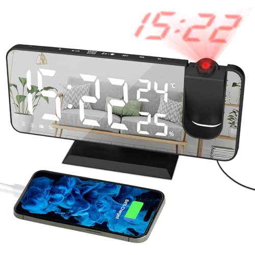 Image of EVILTO Digital Alarm Clock Projector Radio Clock LED Temperature Display Radio Projection Clock USB Charging Port 180° Rotable Projection Time-Black